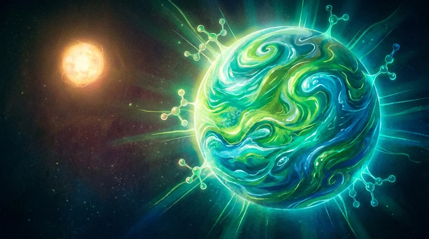 Representação de K2-18b orbitando uma estrela, com cores verdes e azuis destacando moléculas orgânicas e vida potencial.