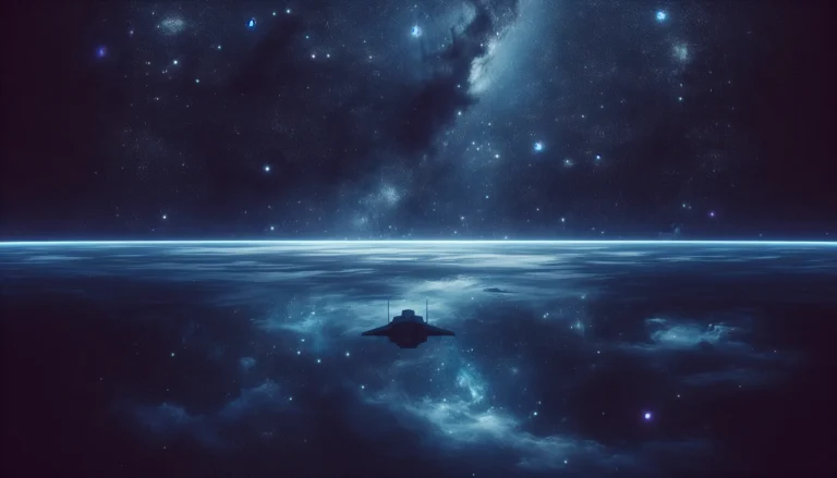 Imagem do Paradoxo de Fermi com nave invisível em vastidão estrelada, cores azul, branco e roxo, simbolizando o silêncio cósmico.