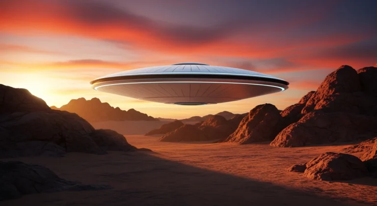 Render de OVNI metálico sobre deserto ao pôr do sol, ilustrando fascinante história ovnis 8216