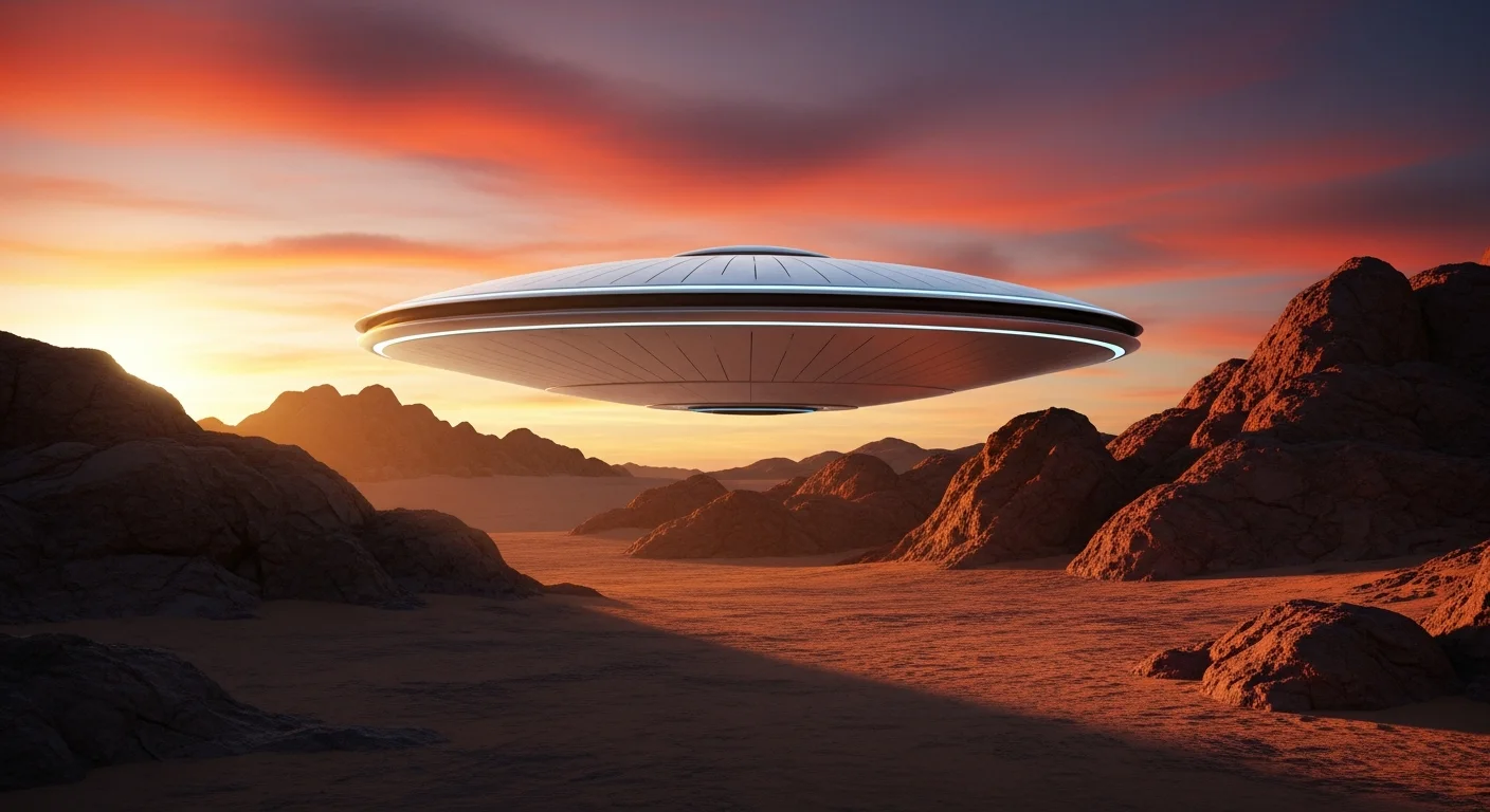 Render de OVNI metálico sobre deserto ao pôr do sol, ilustrando fascinante história ovnis 8216