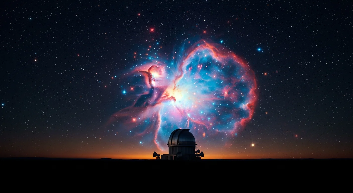 Vista de rádio observatório com antenas voltadas ao céu estrelado e nebulosa colorida, simbolizando o paradoxo fermi se universo.