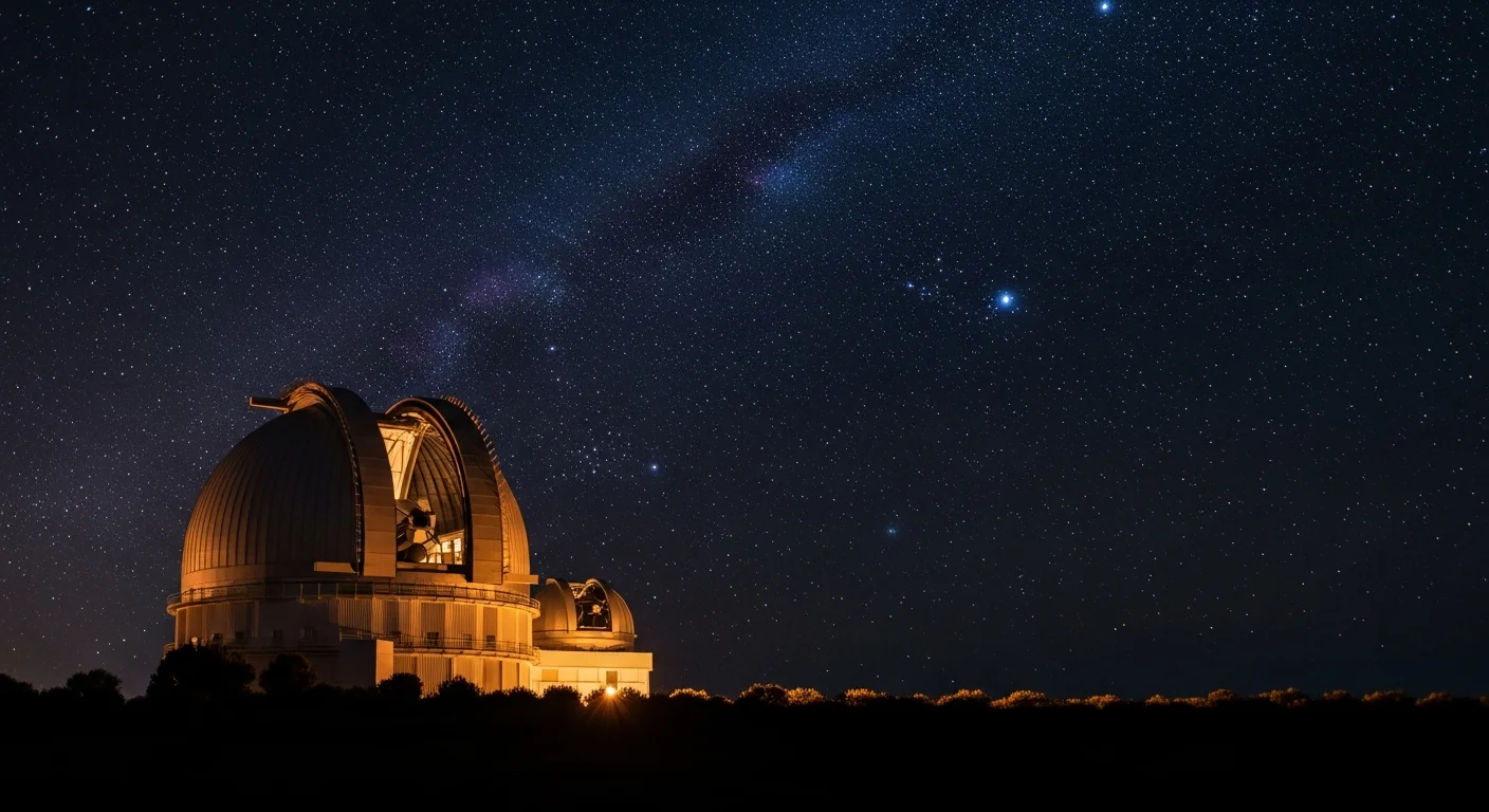 Imagem de um observatório moderno sob céu estrelado, destacado pelas descobertas astronômicas e a Via Láctea.