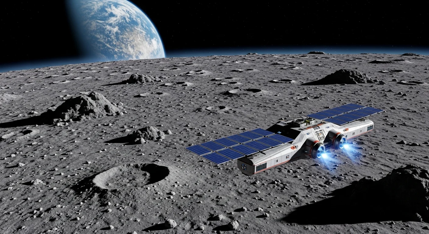 Nave futurista pousando na Lua, com Terra e sol ao fundo, simbolizando futuro exploração espacial novas