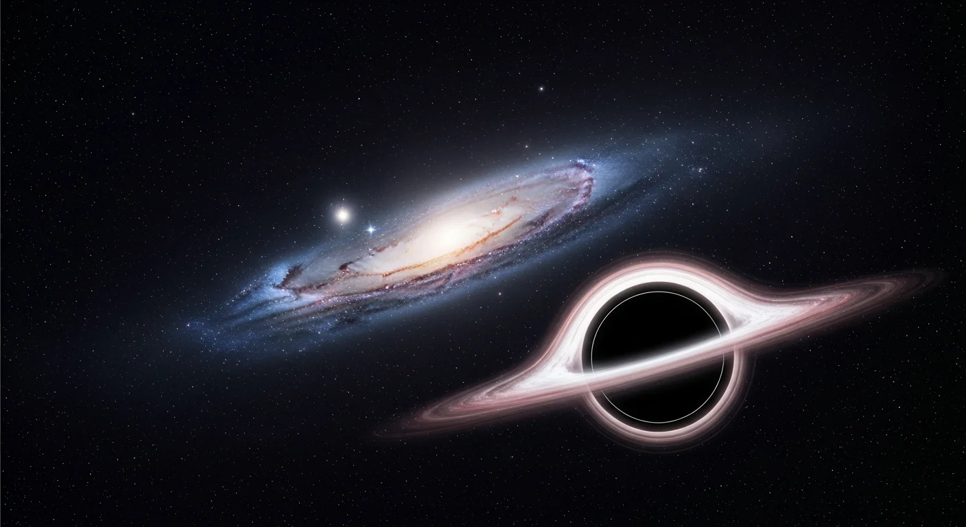 Imagem de espaço profundo com buraco negro em destaque, estrelas e gás cósmico, revelando mistérios do universo.