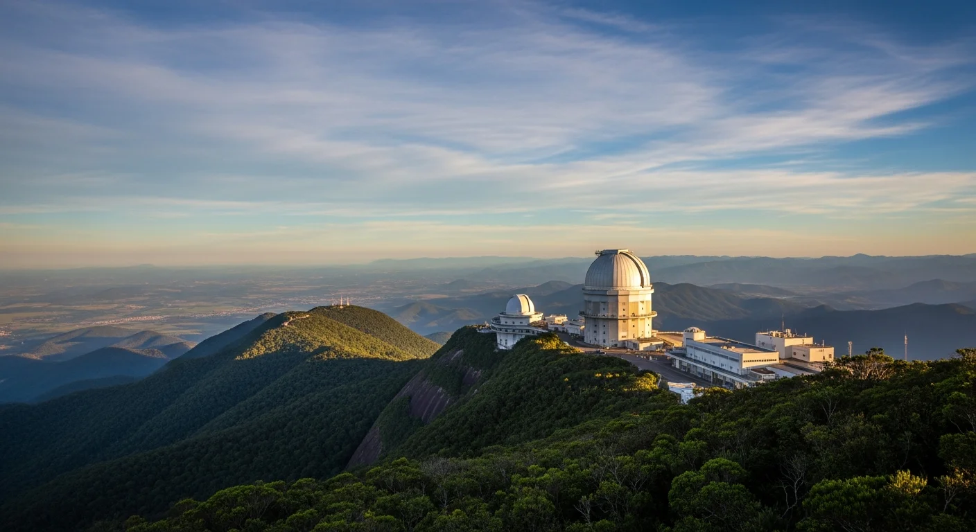 Imagem do Observatório do Pico dos Dias no Brasil, destacando sua grandiosidade e integração com a natureza