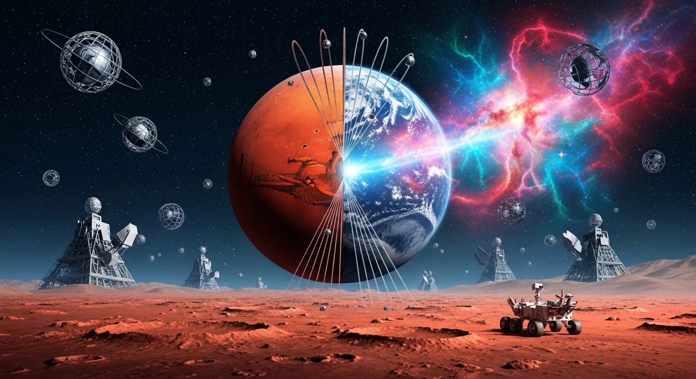 Cena cósmica e terrestre com telescópios gigantes, expansão astronomia expansão telescópios gigantes e planeta Marte