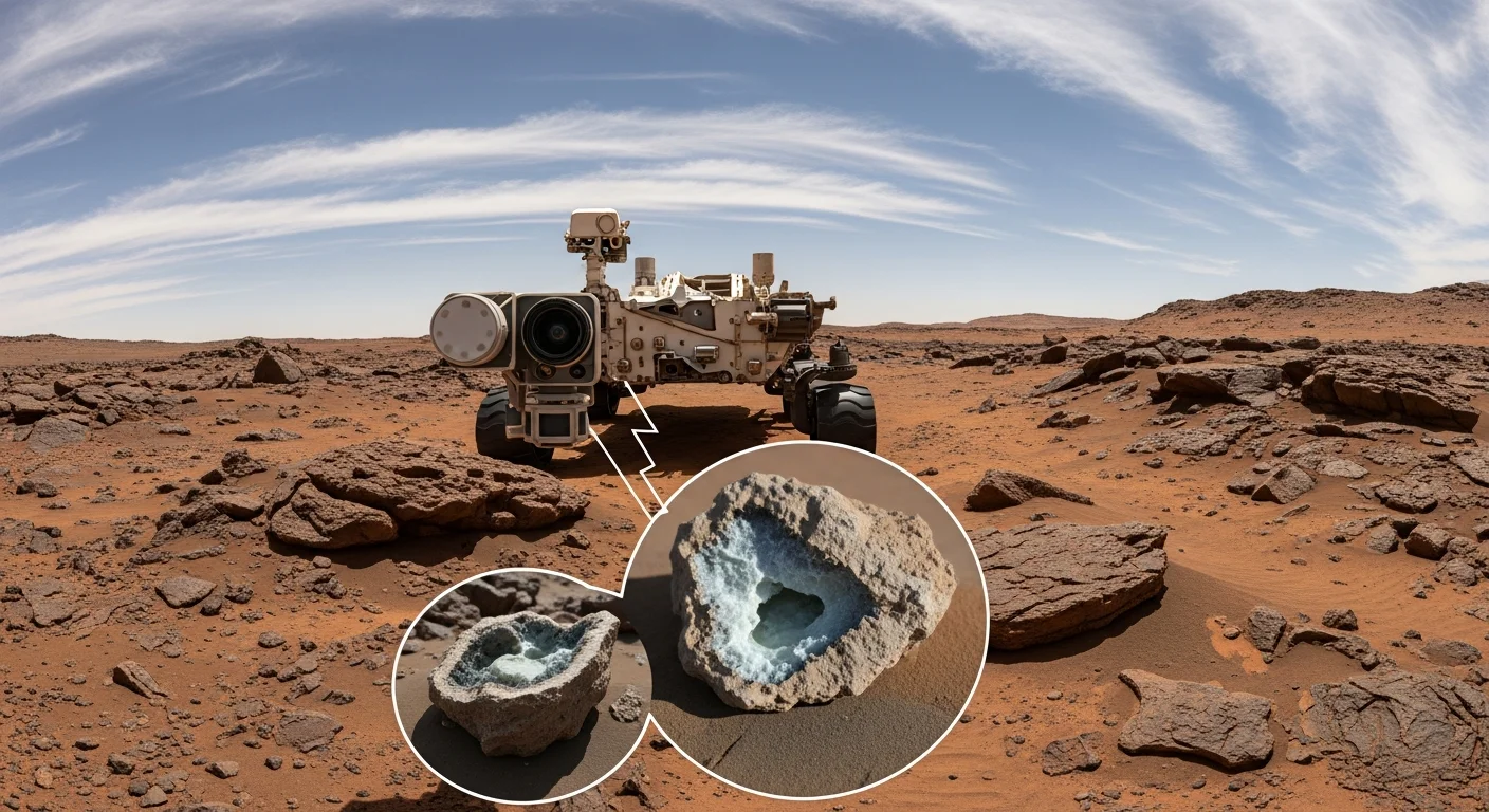Paisagem marciana com rochas sedimentares, solos avermelhados e uma rover em primeiro plano, evidências de minerais em um céu alaranjado