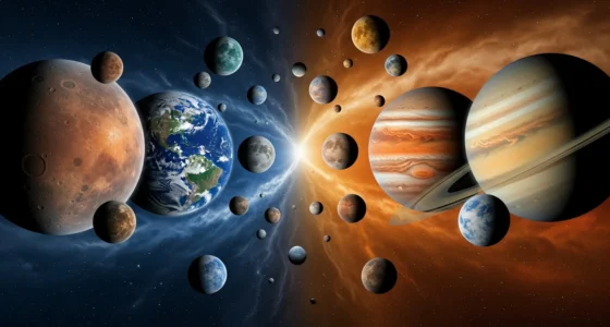 Imagem de capa ilustrando desvendando planetas sistema solar com planetas rochosos e gasosos vibrantes