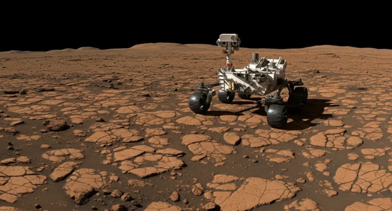 Visão de Marte com rover e céu em tons quentes, destacando as características de Marte e a exploração entre Mercúrio e Marte
