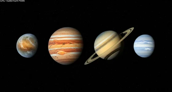 Representação artística dos planetas gigantes Júpiter, Saturno, Urano e Netuno com destaque para suas características únicas e cores vibrantes