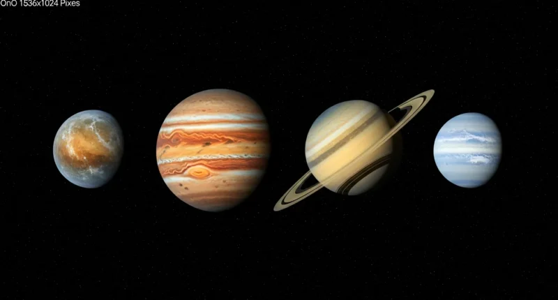 Representação artística dos planetas gigantes Júpiter, Saturno, Urano e Netuno com destaque para suas características únicas e cores vibrantes