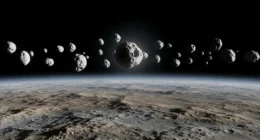 Sonda espacial em órbita de Ceres com asteroides ao fundo, representando além nove planetas descubra