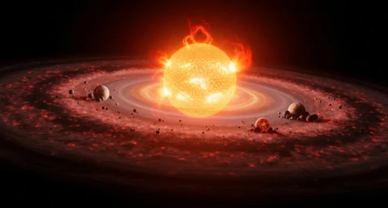 Visualização artística do nascimento do Sistema Solar com Sol pulsante no centro de um disco de acreção