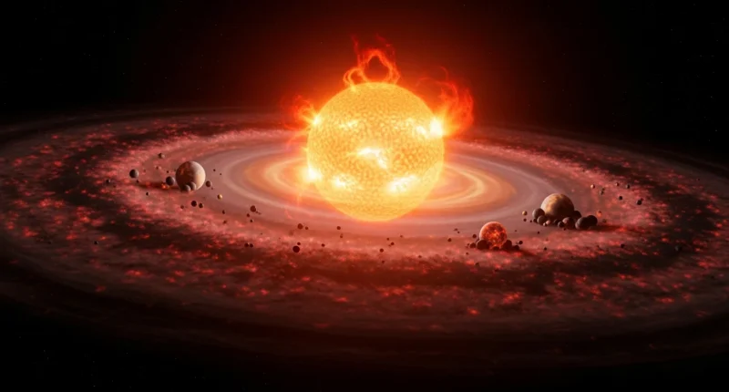 Visualização artística do nascimento do Sistema Solar com Sol pulsante no centro de um disco de acreção