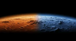 Visão panorâmica de Mercúrio, com áreas quentes e vibrantes ao sol e regiões congelantes na sombra, destacando calor extremo.