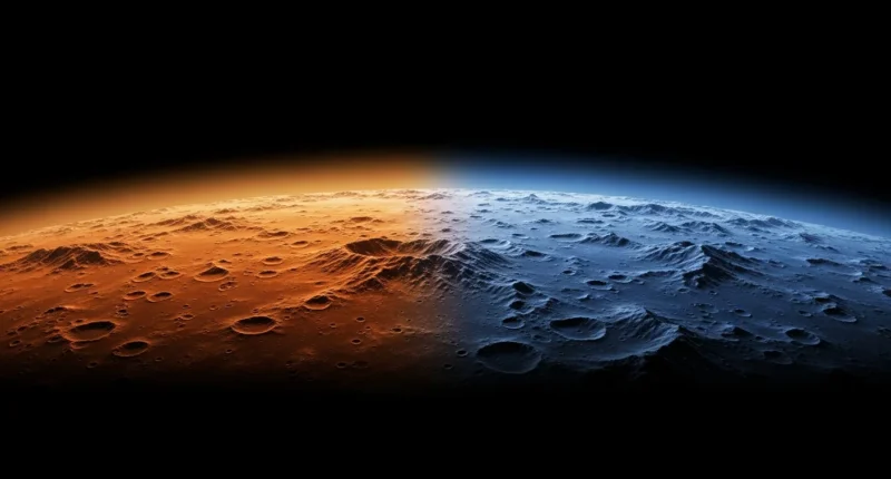 Visão panorâmica de Mercúrio, com áreas quentes e vibrantes ao sol e regiões congelantes na sombra, destacando calor extremo.