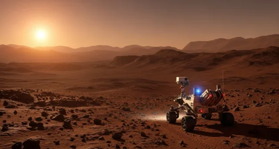 Paisagem marciana desolada com rover e busca incessante por vida em Marte, céu alaranjado e luz azul do rover