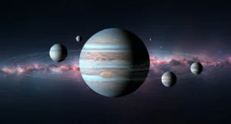 Cena abstrata de Júpiter gigante gasoso que com luas galileanas em fundo estrelado colorido