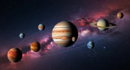 Cena cósmica com os oito planetas do Sistema Solar, destacando curiosidades planetárias fatos incríveis
