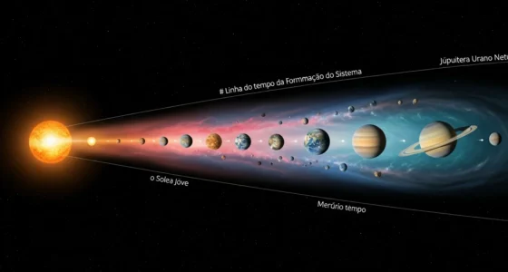Imagem estilizada mostrando a ordem dos planetas no sistema solar e a formação a partir da poeira cósmica