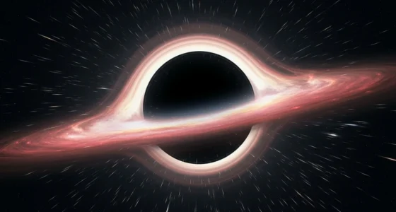 Simulação de um buraco negro com horizonte de eventos e raios-X, envolvido por gás e poeira incandescente, destacando que são buracos negros