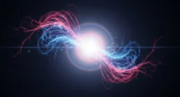 Imagem de estrelas nêutrons gigantes densos com filamentos de energia azul e roxa contra fundo estrelado