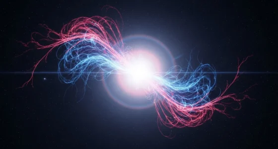 Imagem de estrelas nêutrons gigantes densos com filamentos de energia azul e roxa contra fundo estrelado