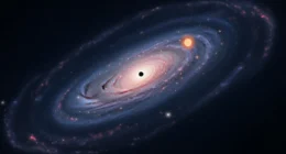 Ilustração estilizada da Via Láctea desvendando lar com braços espirais e centro brilhante