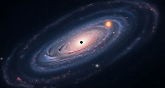 Ilustração estilizada da Via Láctea desvendando lar com braços espirais e centro brilhante