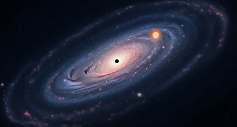 Ilustração estilizada da Via Láctea desvendando lar com braços espirais e centro brilhante