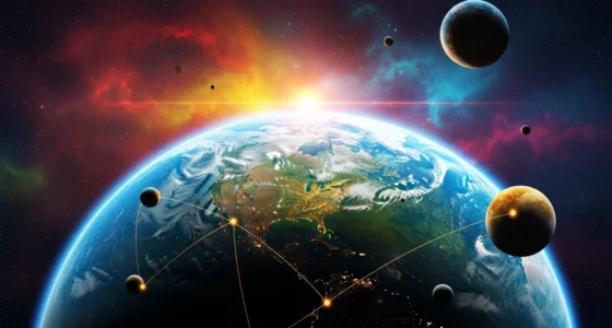 Imagem de exoplanetas mundos distantes além, com planeta azul e verde, nebulosas coloridas e luzes incontáveis