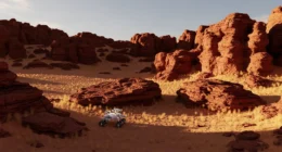 Paisagem marciana com rochas, poeira e um rover aproximando-se, sob o céu ao pôr do sol no planeta vermelho revela.