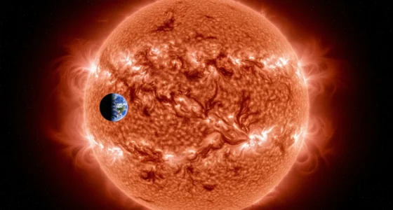 Imagem do espaço com Sol e Terra mostrando o tamanho sol comparação surpreendente, destaque para a Terra em primeiro plano.