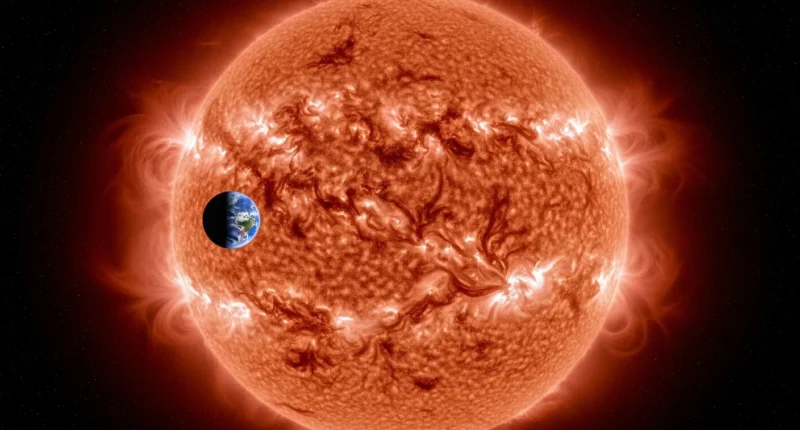 Imagem do espaço com Sol e Terra mostrando o tamanho sol comparação surpreendente, destaque para a Terra em primeiro plano.