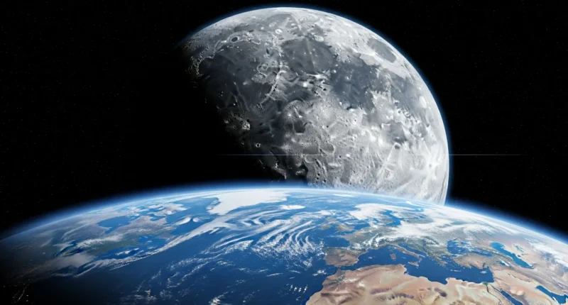 Fascinante distância terra à, vista detalhada da Lua no primeiro plano e Terra ao fundo em uma representação 3D realista