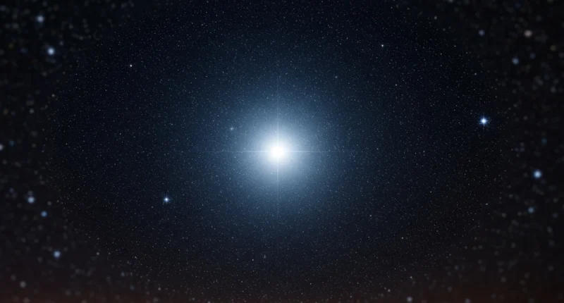 Imagem de capa mostrando Sirius, a estrela mais brilhante, destacada em um céu estrelado com tons azuis, pretos e branco intenso, desvendando qual é estrela.
