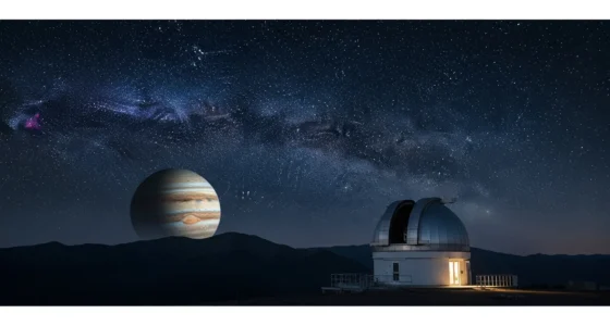 Imagem de paisagem noturna com céu estrelado, planeta imponente e estação de observação para astronomia vs astrologia entenda