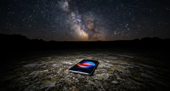 Smartphone apoiado em tripé sob céu estrelado com Via Láctea, aprenda capturar magia céu com fotos de estrelas com celular