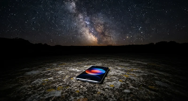 Smartphone apoiado em tripé sob céu estrelado com Via Láctea, aprenda capturar magia céu com fotos de estrelas com celular