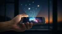 Mão segurando smartphone projetando céu estrelado 3D, explore universo palma mão