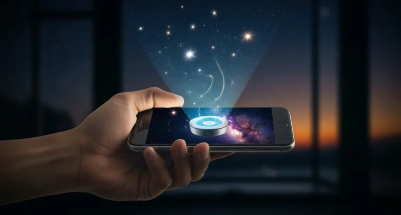 Mão segurando smartphone projetando céu estrelado 3D, explore universo palma mão