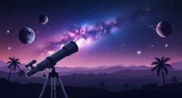 Imagem de capa com telescópio apontando para uma via láctea vibrante, destaque em descobrir céu noturno telescópio