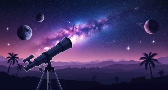 Imagem de capa com telescópio apontando para uma via láctea vibrante, destaque em descobrir céu noturno telescópio