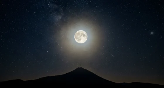 Céu estrelado com Lua Cheia brilhante sobre uma montanha, iluminando as estrelas e o cosmos, revelando mistérios do céu e ajudando a entender o universo