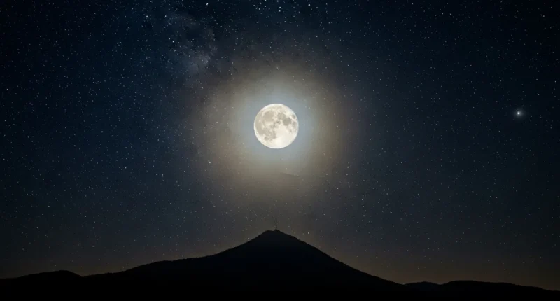 Céu estrelado com Lua Cheia brilhante sobre uma montanha, iluminando as estrelas e o cosmos, revelando mistérios do céu e ajudando a entender o universo