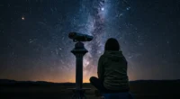 Pessoa contemplando céu estrelado com telescópio, imagem do universo guia completo para iniciantes