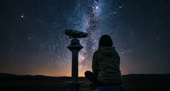 Pessoa contemplando céu estrelado com telescópio, imagem do universo guia completo para iniciantes