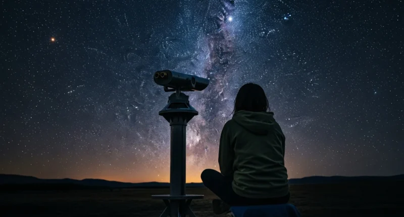 Pessoa contemplando céu estrelado com telescópio, imagem do universo guia completo para iniciantes