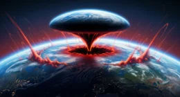 Planeta Terra distorcido por força gravitacional invisível de um buraco negro em cores frias e quentes