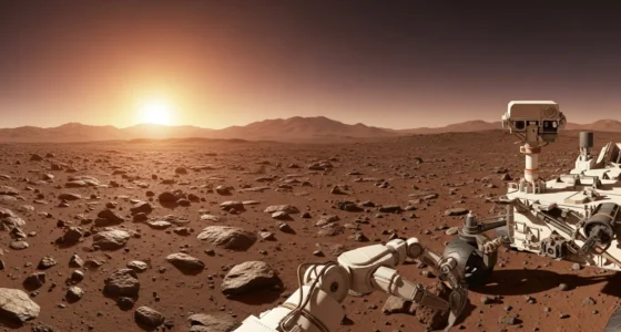 Visão de Marte com o rover Perseverance coletando amostras sob céu dourado e montanhas ao fundo, simbolizando nossas descobertas sobre vida extraterrestre.